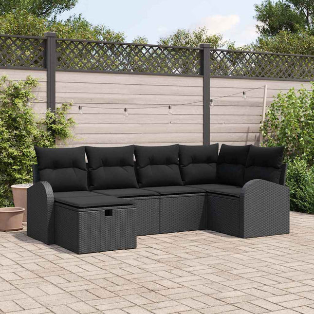 Havesofa Sæt med pude med opbevaring 6 pcs Sort Poly rattan