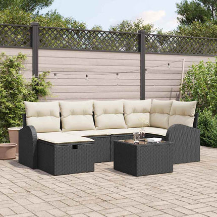 Havesofa Sæt med pude med opbevaring 7 pcs Sort Poly rattan