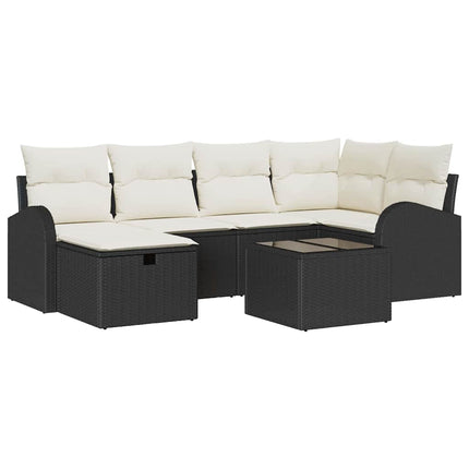 Havesofa Sæt med pude med opbevaring 7 pcs Sort Poly rattan