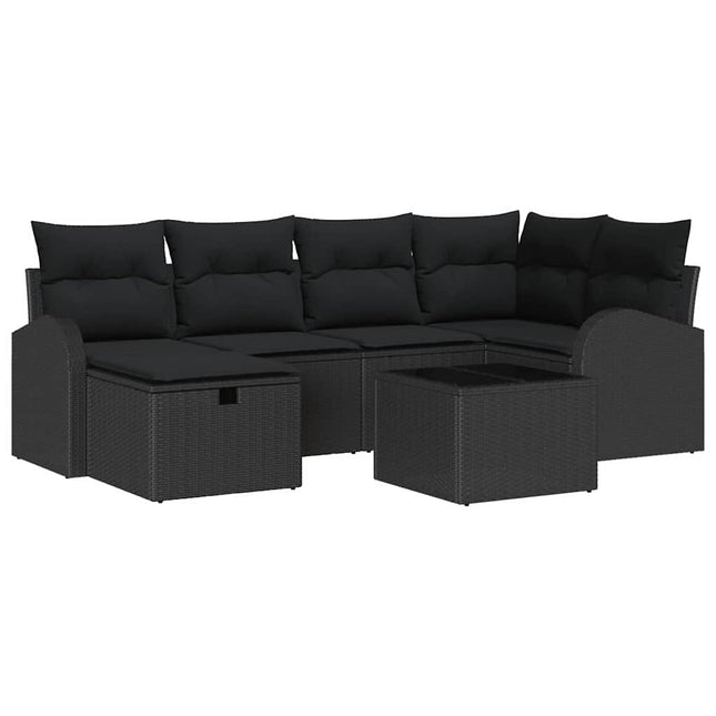 Havesofa Sæt med pude med opbevaring 7 pcs Sort Poly rattan
