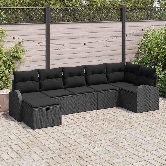 Havesofa Sæt med pude med opbevaring 7 pcs Sort polyrattan