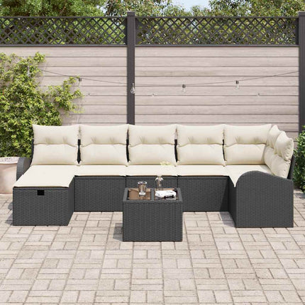 Havesofa Sæt med pude med opbevaring 8 pcs Sort Poly rattan
