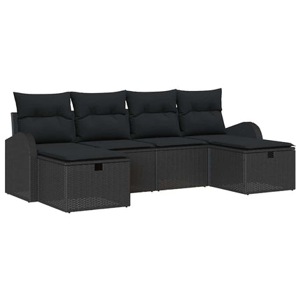Havesofa Sæt med pude med opbevaring 6 pcs Sort polyrattan
