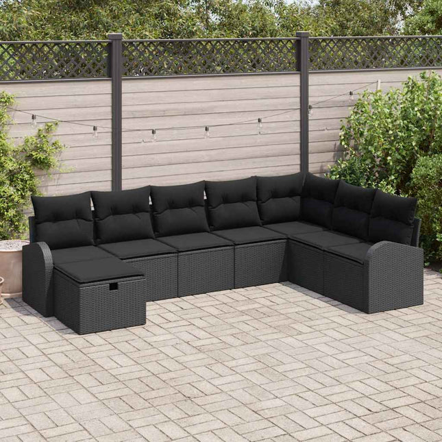 Havesofa Sæt med pude med opbevaring 8 pcs Sort Poly rattan