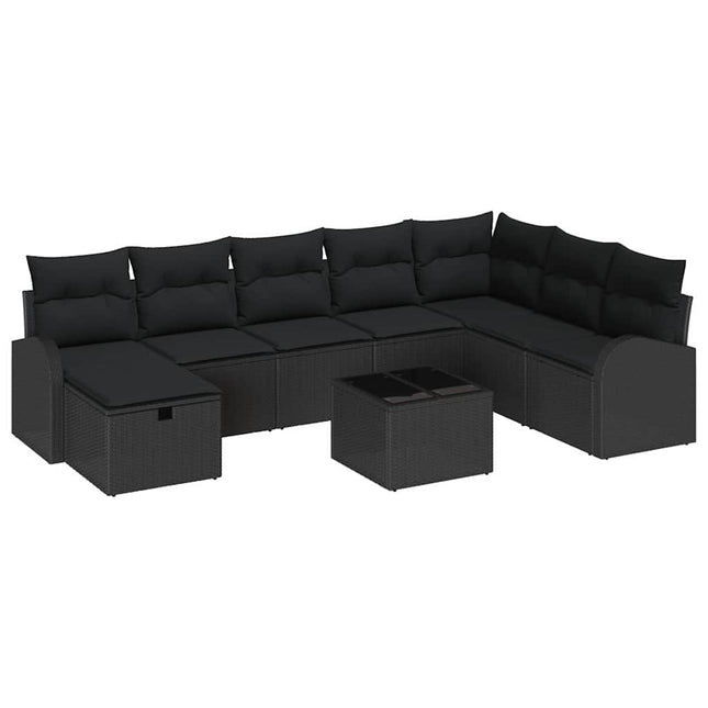 Havesofa Sæt med pude med opbevaring 9 pcs Sort Poly rattan