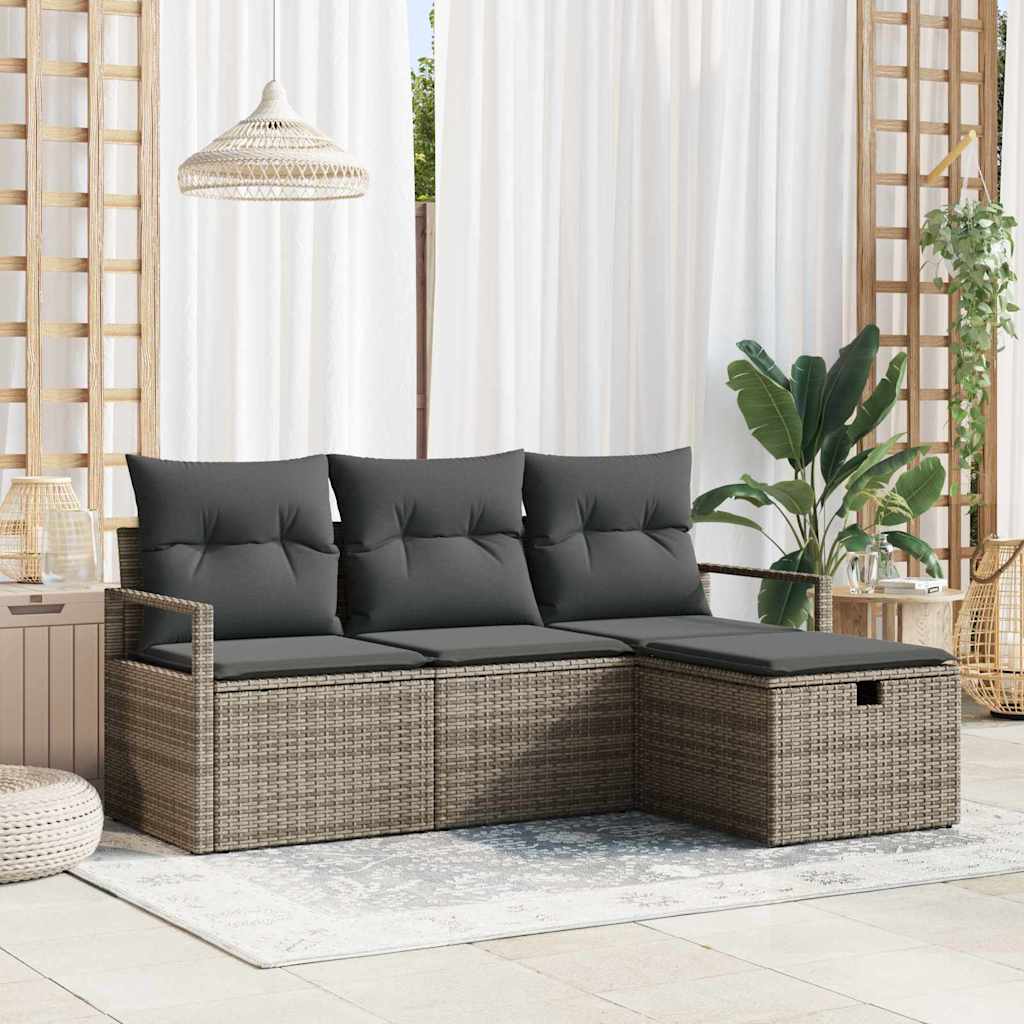 Havesofa Sæt med pude med opbevaring 4 pcs Grå Poly rattan