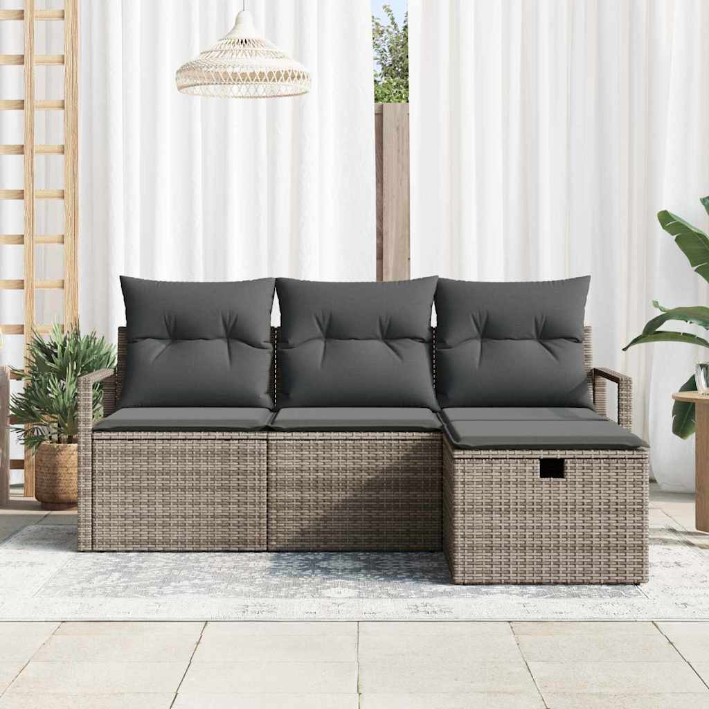 Havesofa Sæt med pude med opbevaring 4 pcs Grå Poly rattan