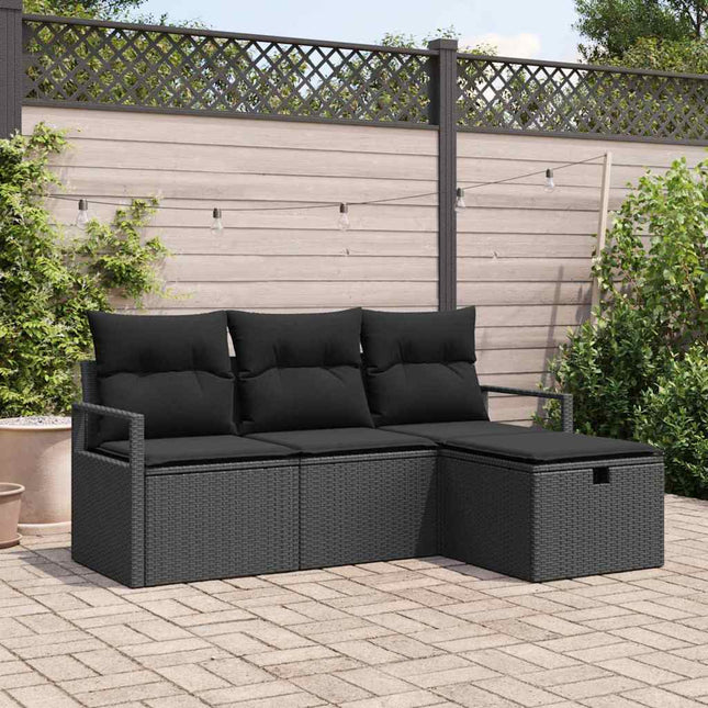 Havesofa Sæt med pude med opbevaring 4 pcs Sort Poly rattan
