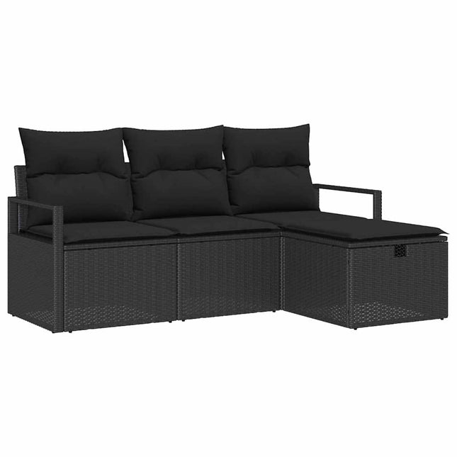 Havesofa Sæt med pude med opbevaring 4 pcs Sort Poly rattan