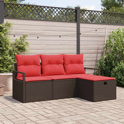Havesofa Sæt med pude med opbevaring 4 pcs Brun polyrattan