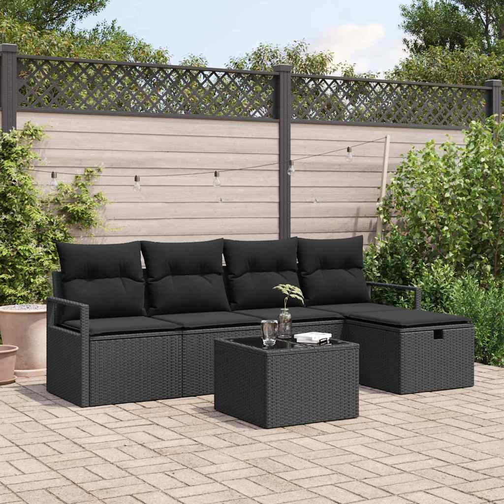 Havesofa Sæt med pude med opbevaring 6 pcs Sort Poly rattan