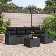 Havesofa Sæt med pude med opbevaring 6 pcs Sort Poly rattan