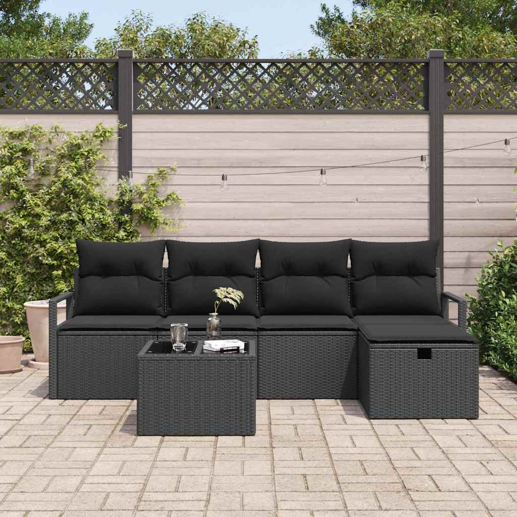 Havesofa Sæt med pude med opbevaring 6 pcs Sort Poly rattan
