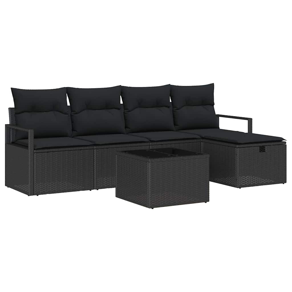 Havesofa Sæt med pude med opbevaring 6 pcs Sort Poly rattan