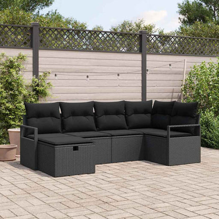 Havesofa Sæt med pude med opbevaring 6 pcs Sort polyrattan