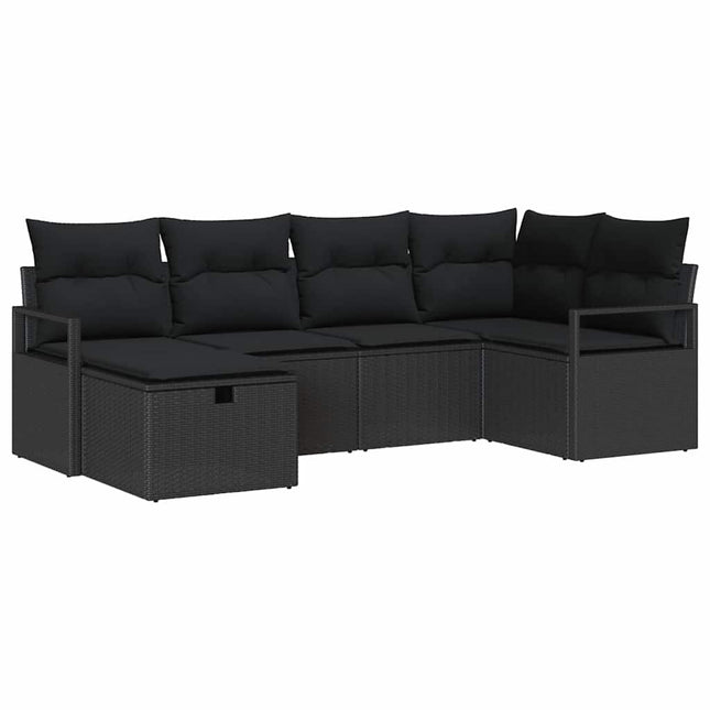 Havesofa Sæt med pude med opbevaring 6 pcs Sort polyrattan