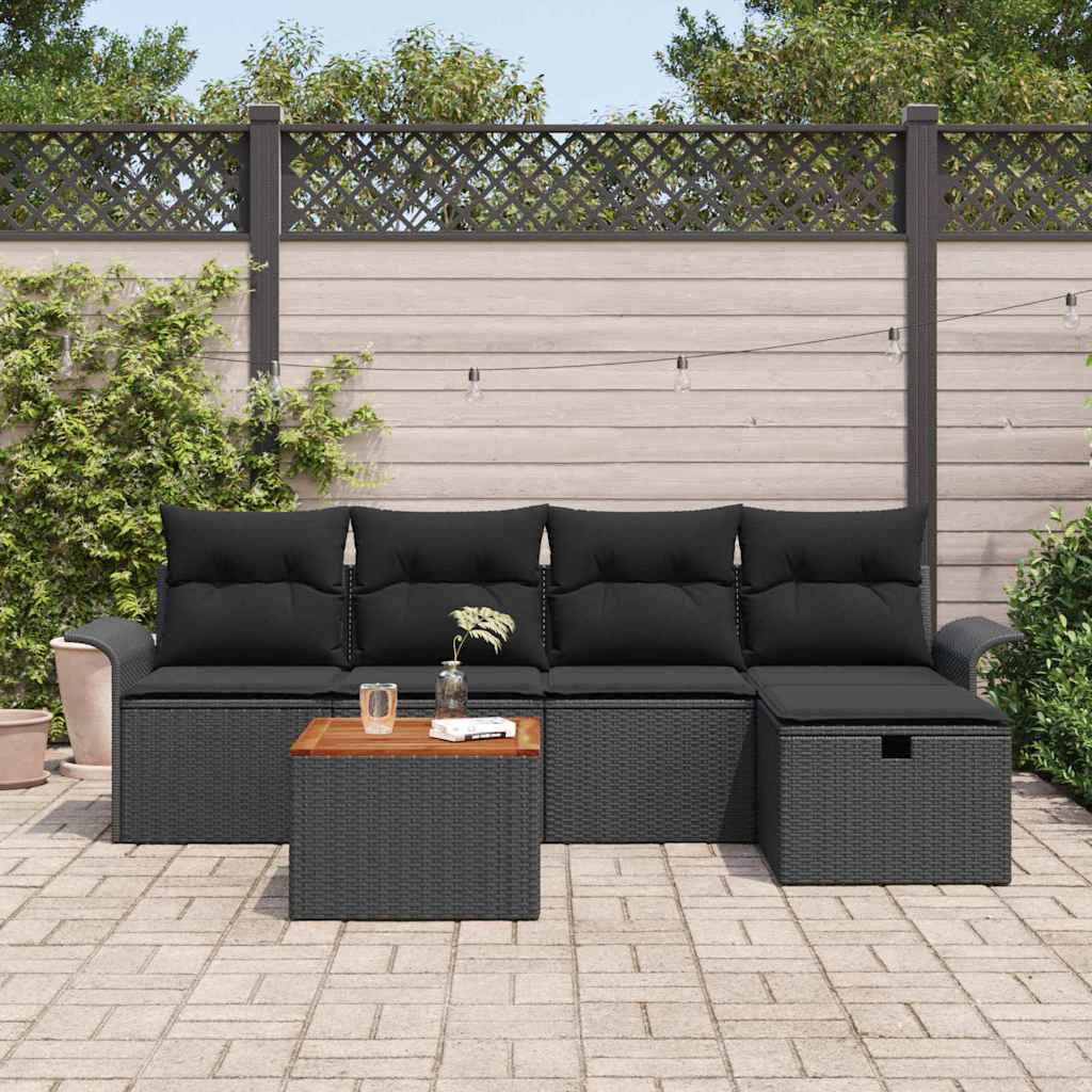 Havesofa Sæt med pude med opbevaring 6 pcs Sort Poly rattan