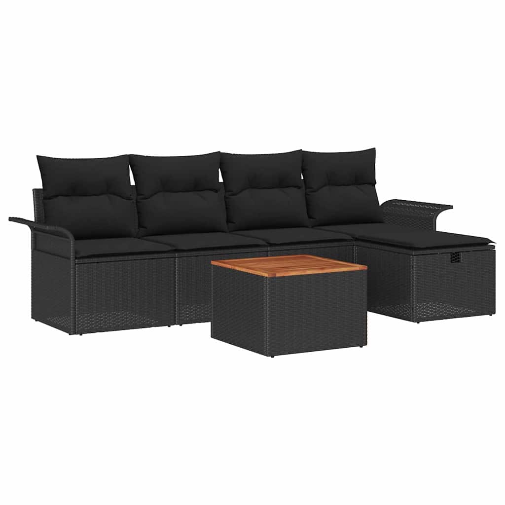 Havesofa Sæt med pude med opbevaring 6 pcs Sort Poly rattan