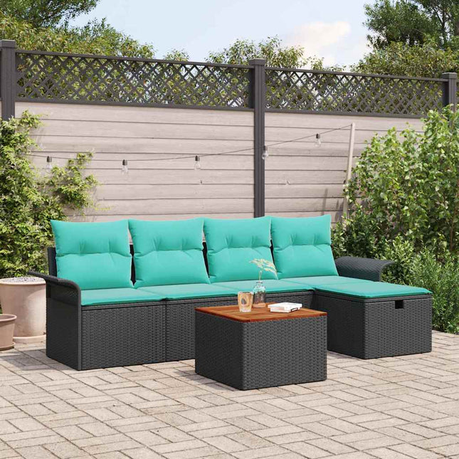Havesofa Sæt med pude med opbevaring 6 pcs Sort Poly rattan