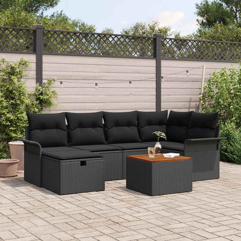 Havesofa Sæt med pude med opbevaring 7 pcs Sort Poly rattan