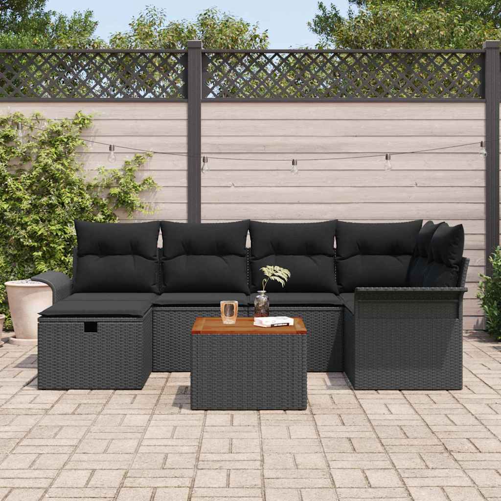 Havesofa Sæt med pude med opbevaring 7 pcs Sort Poly rattan