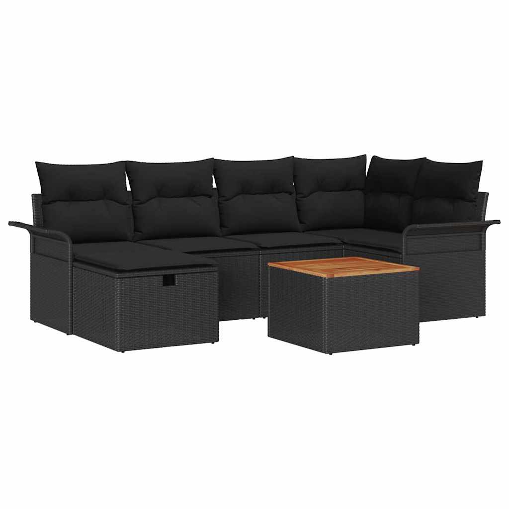 Havesofa Sæt med pude med opbevaring 7 pcs Sort Poly rattan