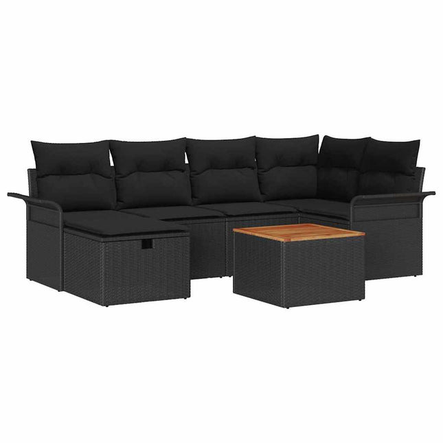 Havesofa Sæt med pude med opbevaring 7 pcs Sort Poly rattan