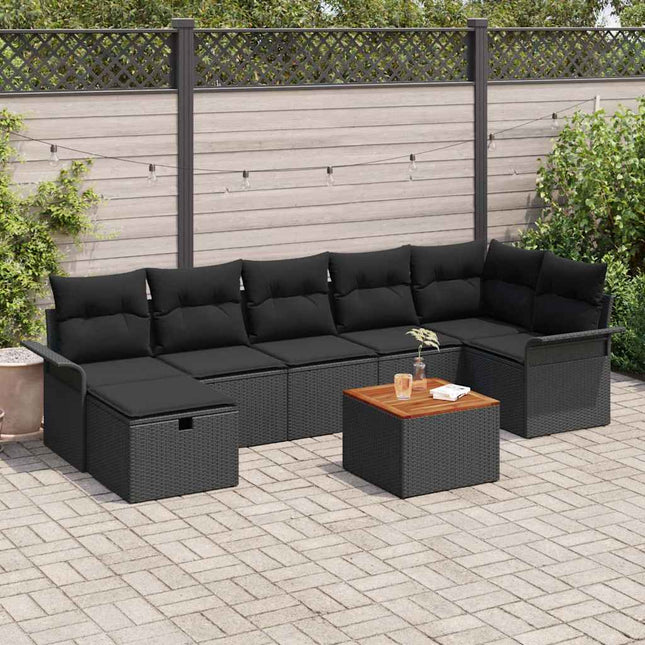 Havesofa Sæt med pude med opbevaring 8 pcs Sort Poly rattan