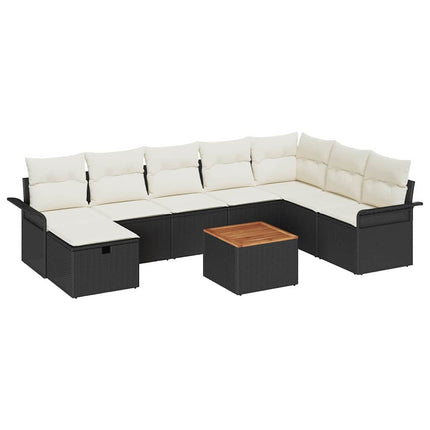 Havesofa Sæt med pude med opbevaring 9 pcs Sort Poly rattan