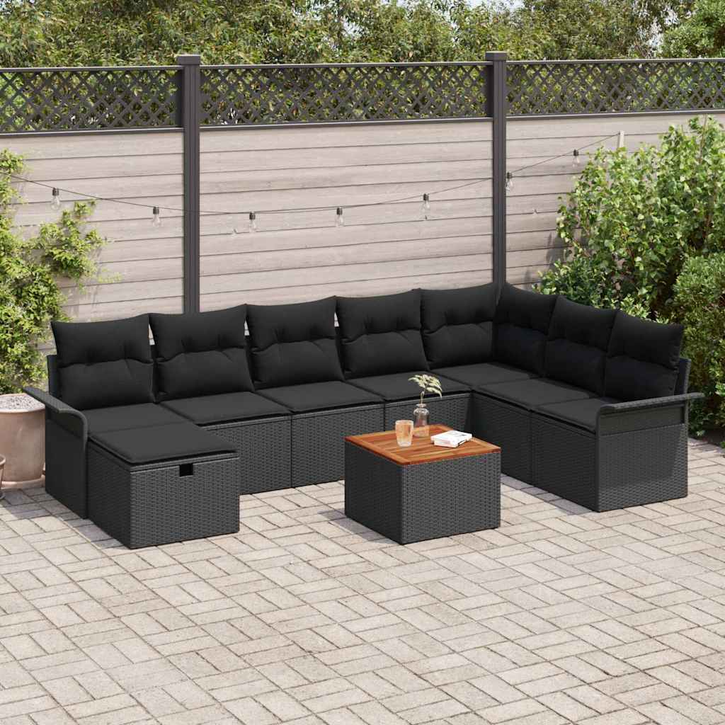 Havesofa Sæt med pude med opbevaring 9 pcs Sort Poly rattan