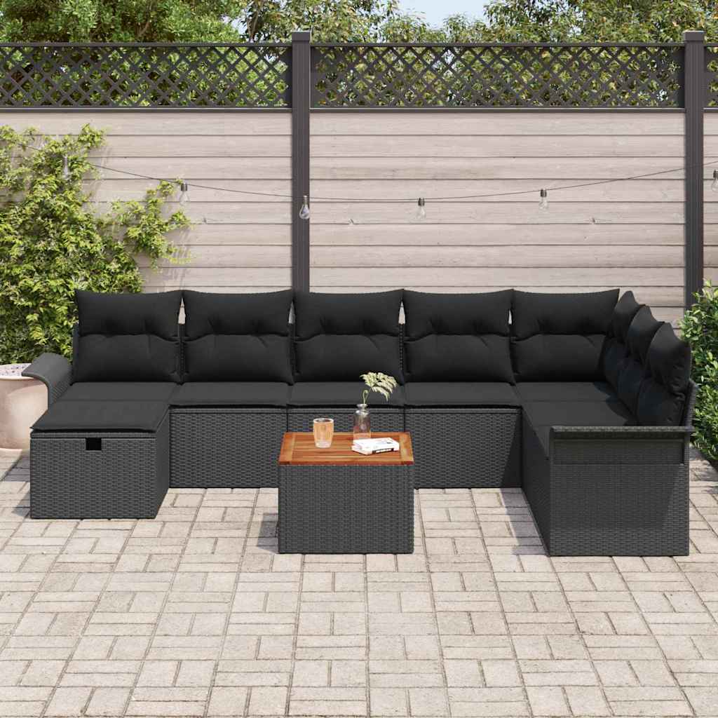 Havesofa Sæt med pude med opbevaring 9 pcs Sort Poly rattan