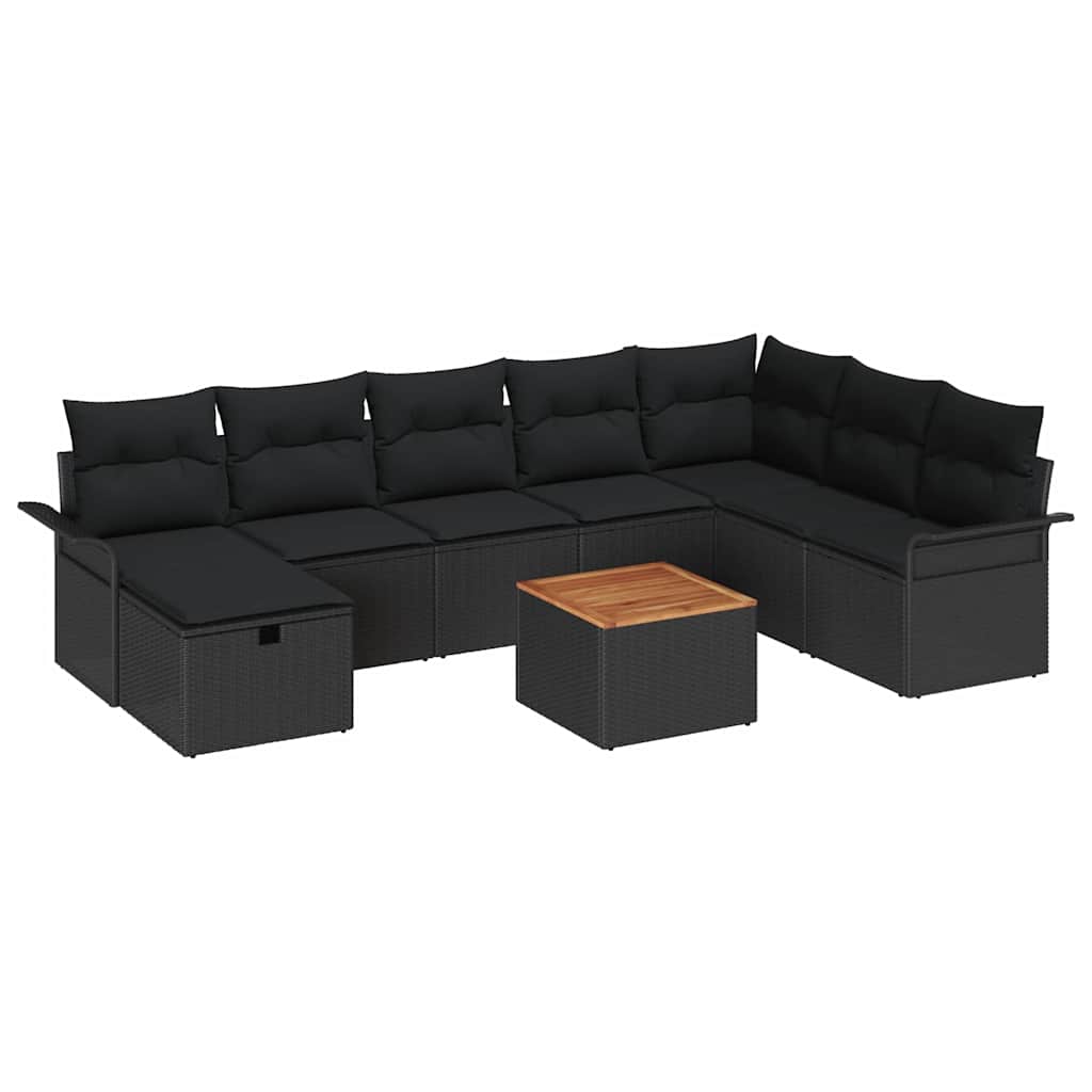 Havesofa Sæt med pude med opbevaring 9 pcs Sort Poly rattan