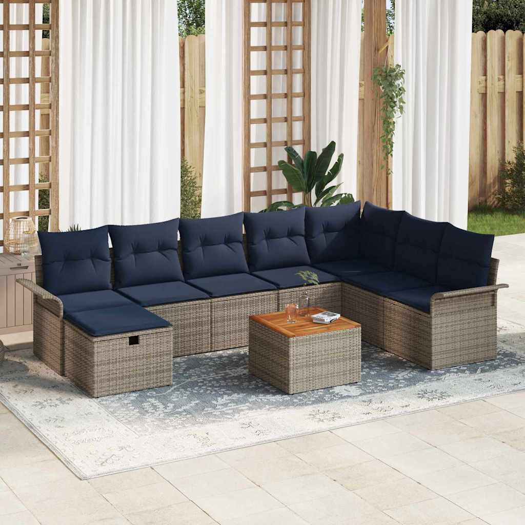 Havesofa Sæt med pude med opbevaring 9 pcs Grå Poly rattan