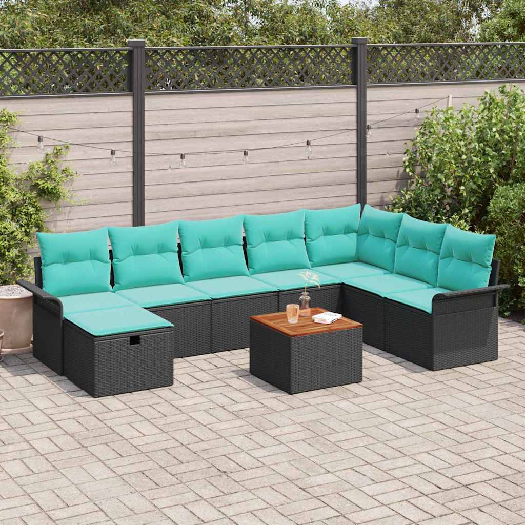 Havesofa Sæt med pude med opbevaring 9 pcs Sort Poly rattan