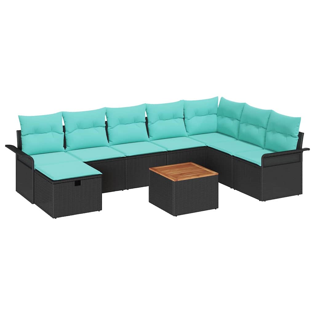 Havesofa Sæt med pude med opbevaring 9 pcs Sort Poly rattan