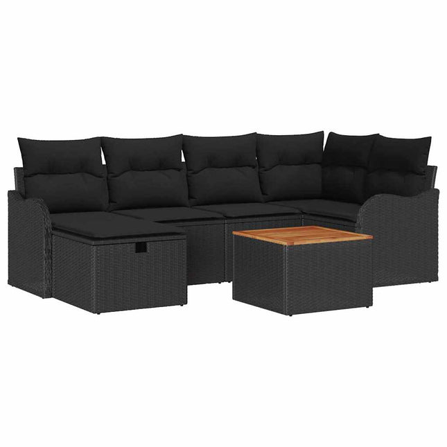 Havesofa Sæt med pude med opbevaring 7 pcs Sort Poly rattan