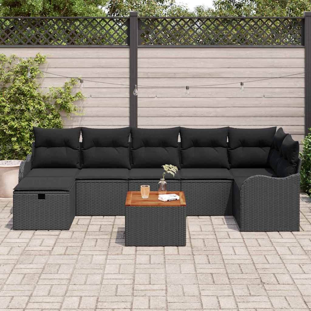 Havesofa Sæt med pude med opbevaring 8 pcs Sort Poly rattan
