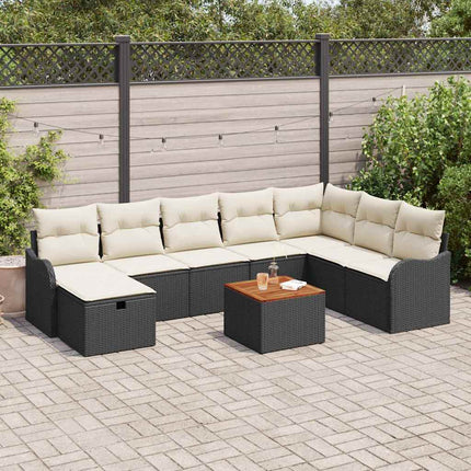 Havesofa Sæt med pude med opbevaring 9 pcs Sort Poly rattan