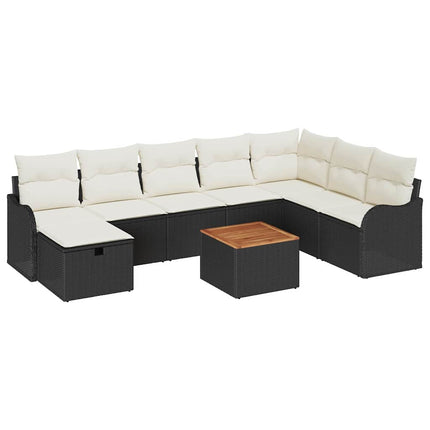 Havesofa Sæt med pude med opbevaring 9 pcs Sort Poly rattan