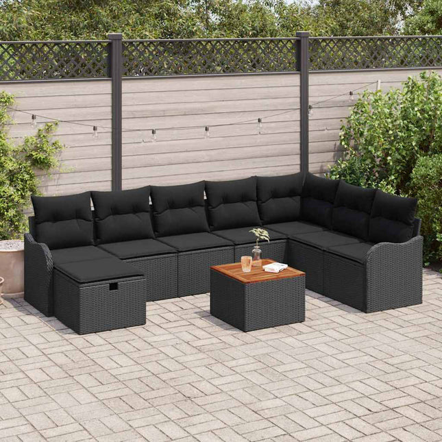 Havesofa Sæt med pude med opbevaring 9 pcs Sort Poly rattan