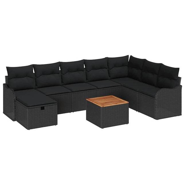 Havesofa Sæt med pude med opbevaring 9 pcs Sort Poly rattan