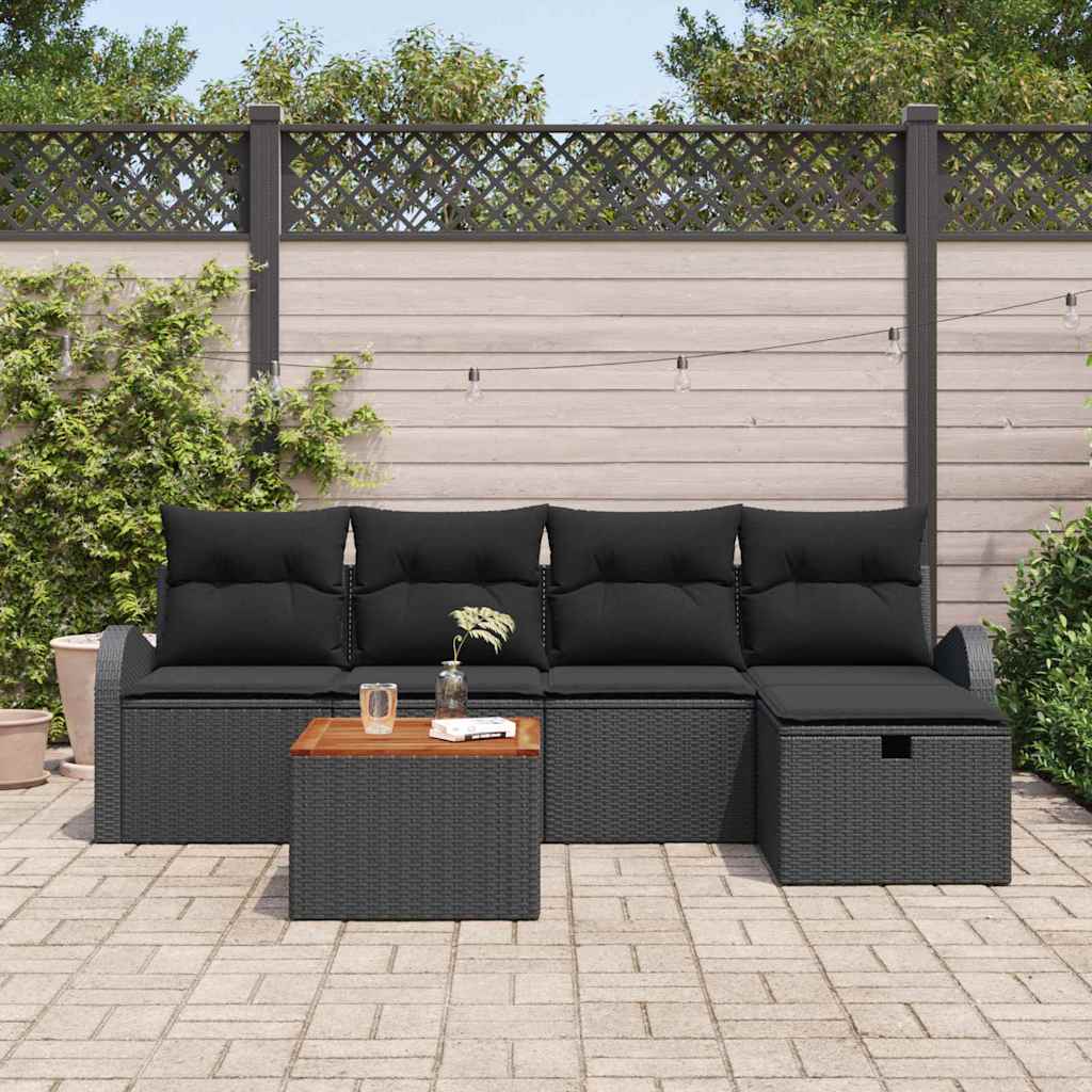 Havesofa Sæt med pude med opbevaring 6 pcs Sort Poly rattan