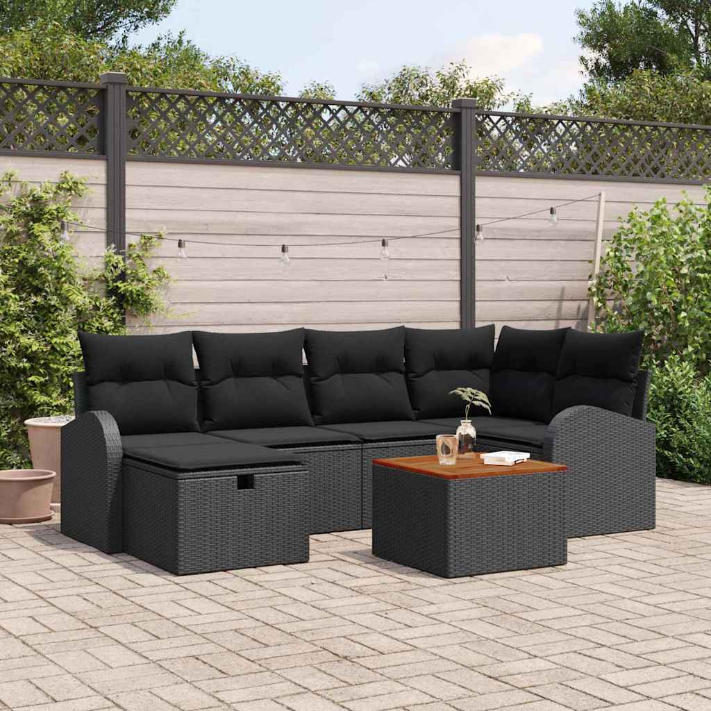 Havesofa Sæt med pude med opbevaring 7 pcs Sort Poly rattan