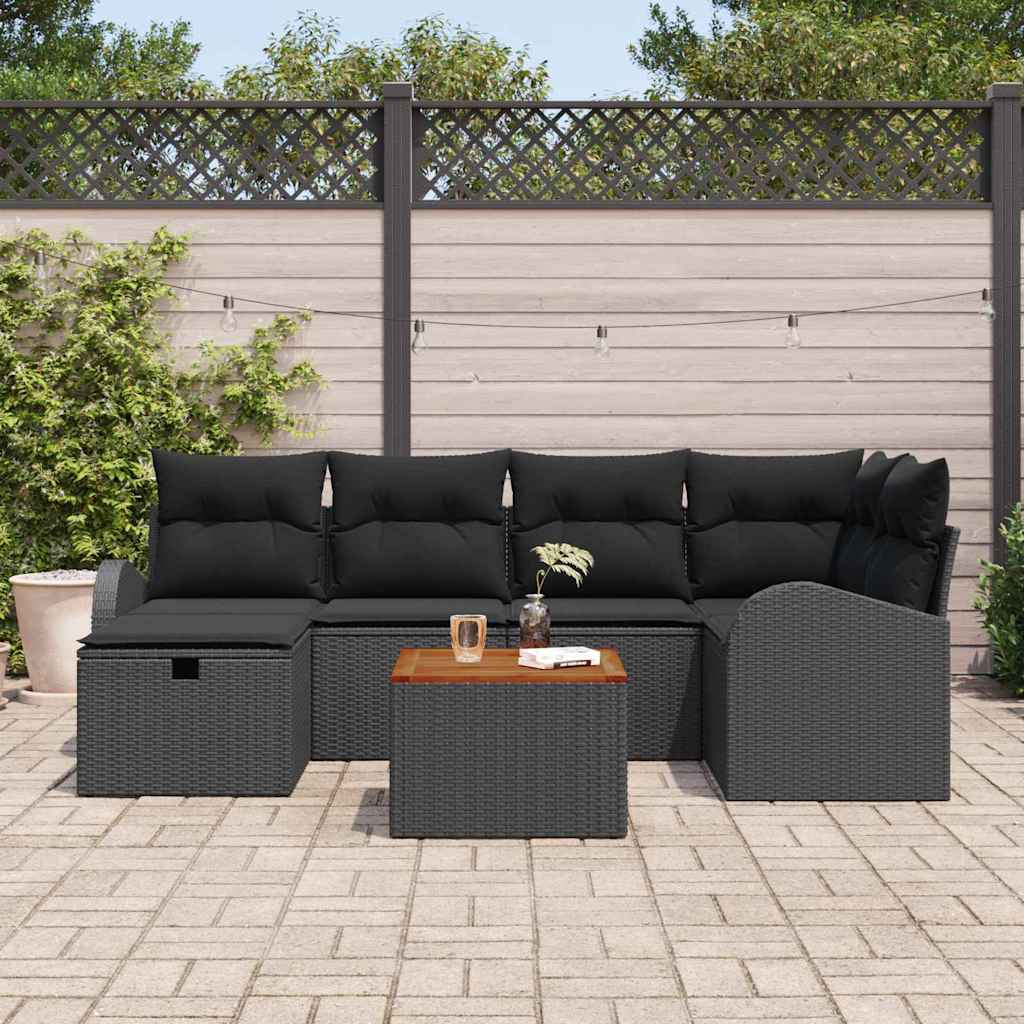 Havesofa Sæt med pude med opbevaring 7 pcs Sort Poly rattan