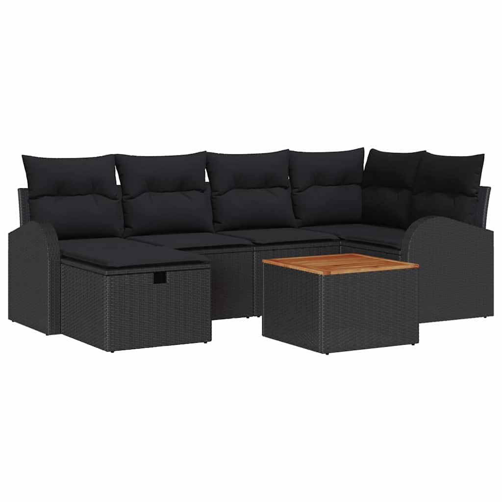 Havesofa Sæt med pude med opbevaring 7 pcs Sort Poly rattan