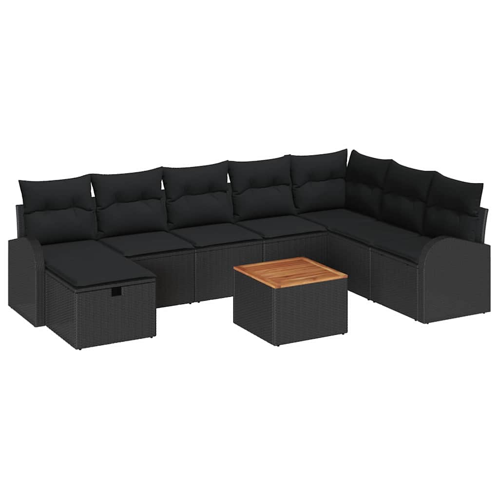 Havesofa Sæt med pude med opbevaring 9 pcs Sort Poly rattan