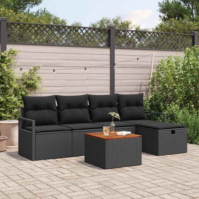 Havesofa Sæt med pude med opbevaring 6 pcs Sort Poly rattan