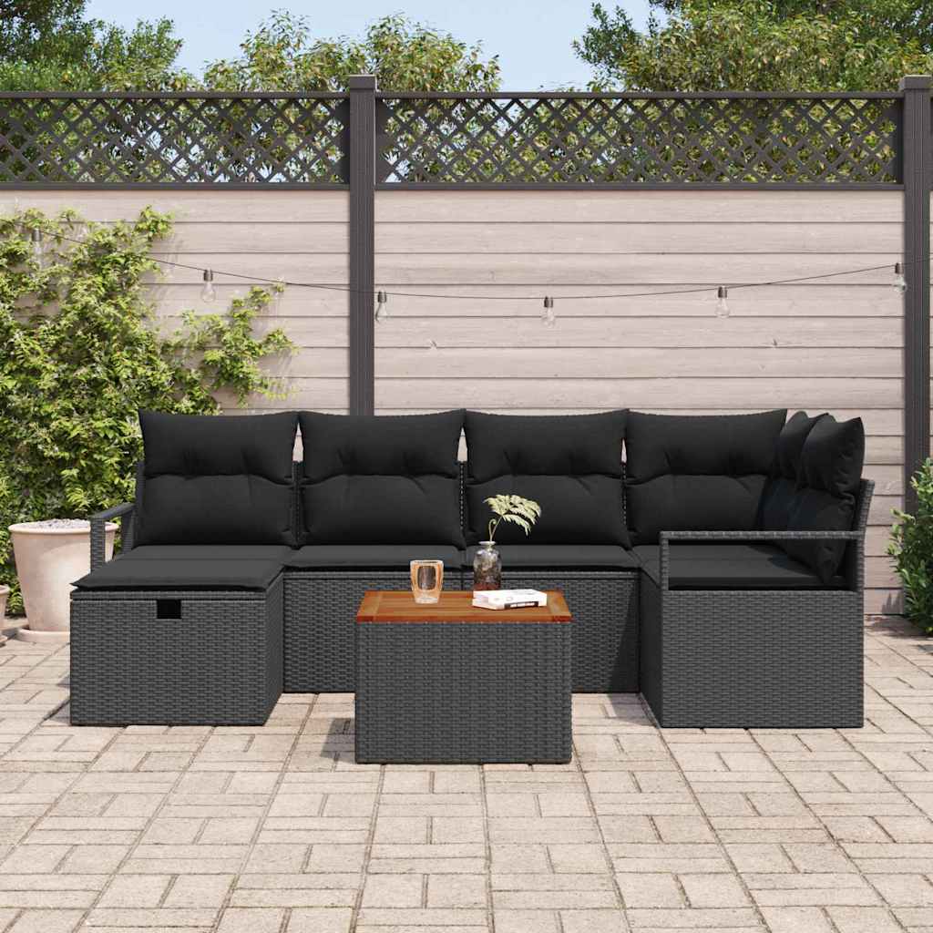 Havesofa Sæt med pude med opbevaring 7 pcs Sort Poly rattan