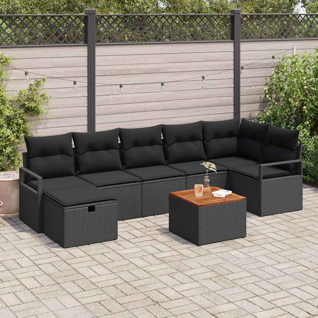 Havesofa Sæt med pude med opbevaring 8 pcs Sort Poly rattan