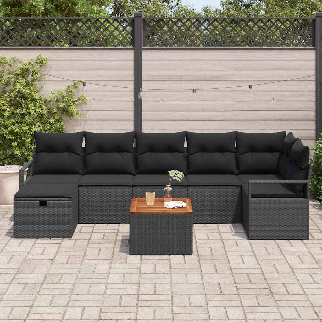 Havesofa Sæt med pude med opbevaring 8 pcs Sort Poly rattan
